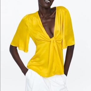 NEW Zara Knotted Satin Blouse S Yellow